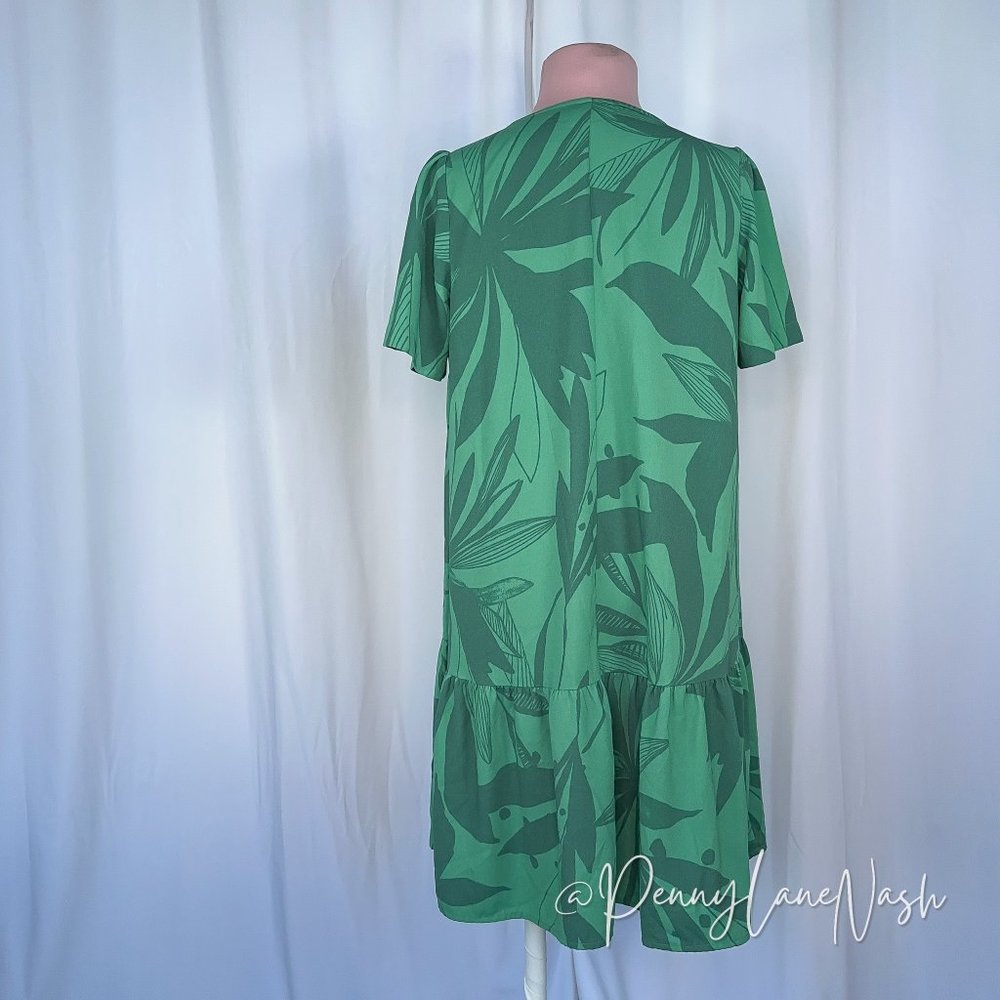 A New Day Leaf Print Short Sleeve Mini Ruffle Hem Dress - Picture 8 of 9